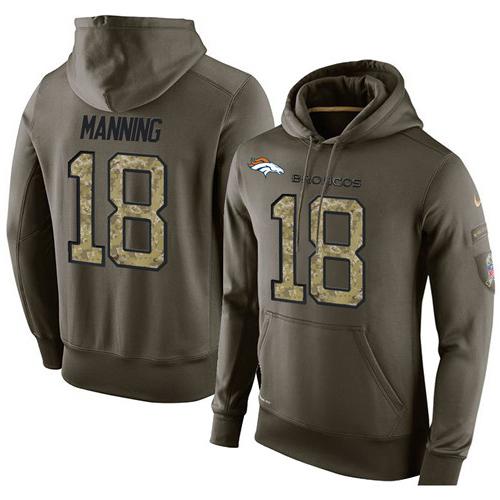 NFL Men's Nike Denver Broncos #18 Peyton Manning Stitched Green Olive Salute To Service KO Performance Hoodie - Click Image to Close